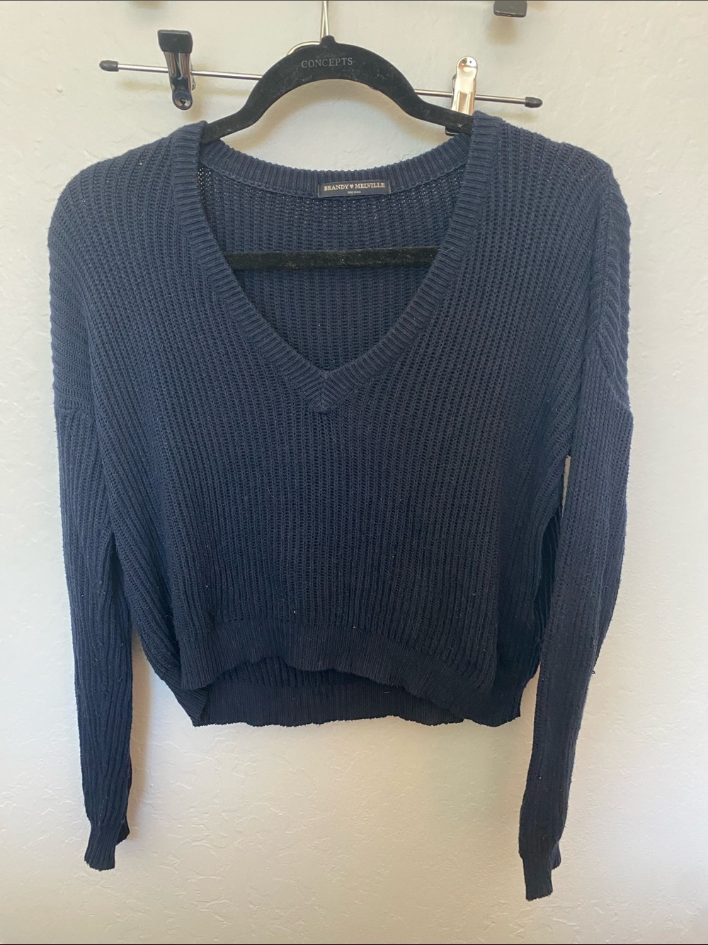 Brandy Melville Dark Navy V-Neck Ribbed Sweater